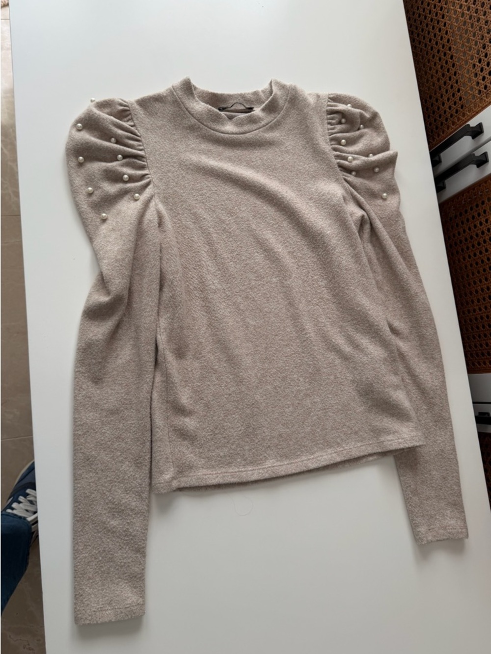 Zara Cream Puff Sleeve Pearl-Detail Long Sleeve Top
